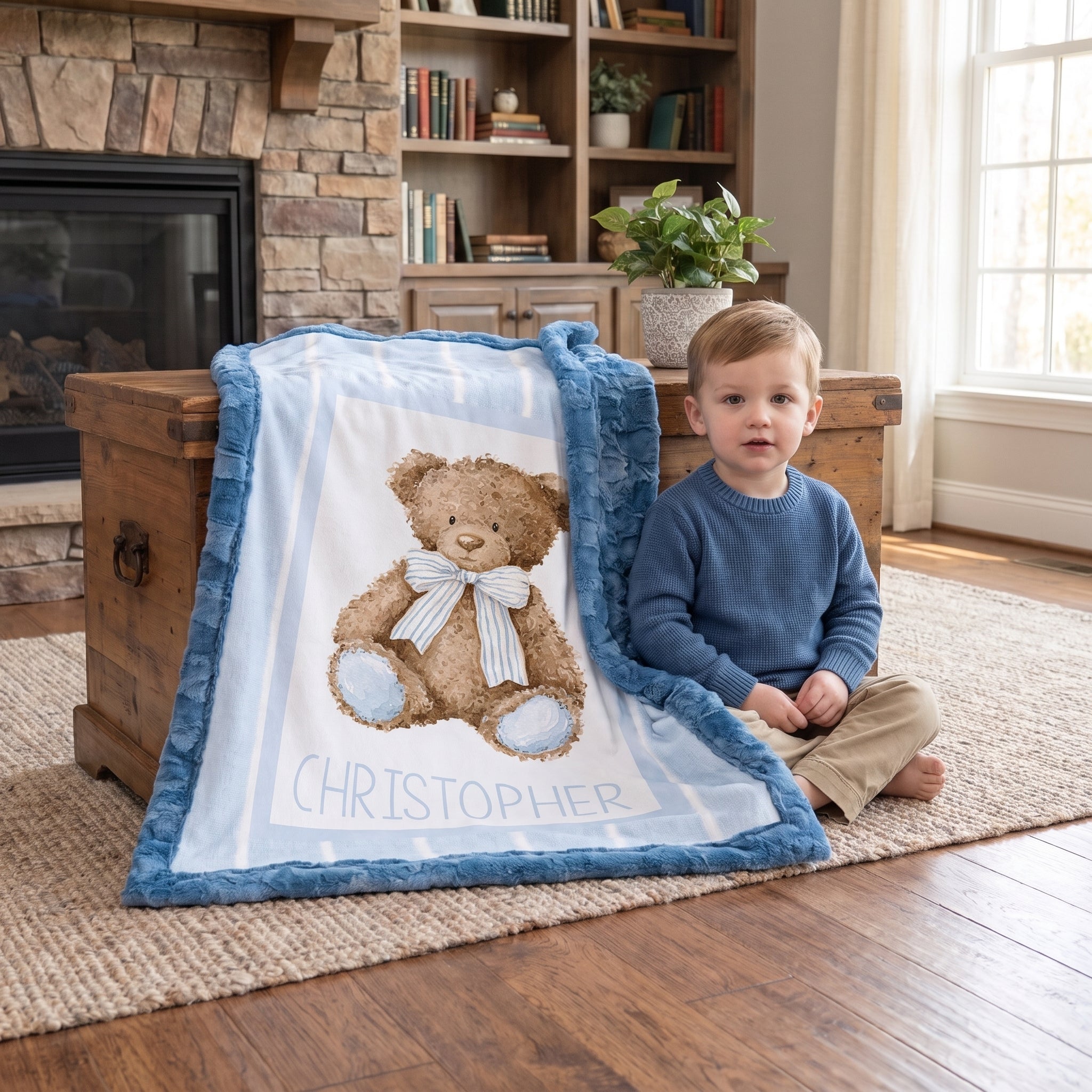 A child sits on a rug beside a personalized plush blanket in a cozy living room. The blanket has a blue fuzzy border and a white center printed with a teddy bear and the name CHRISTOPHER.