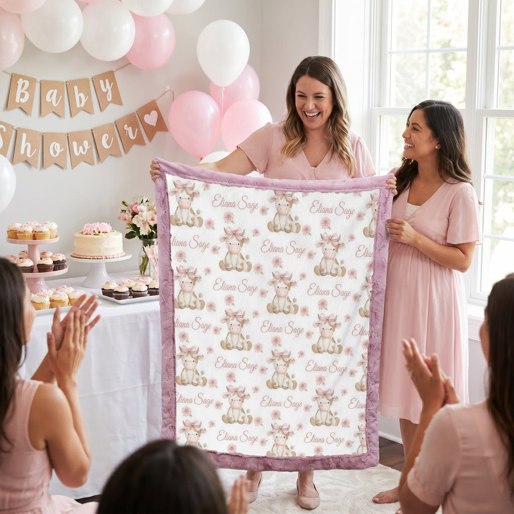 Personalized highland cow blanket held up at baby shower celebration