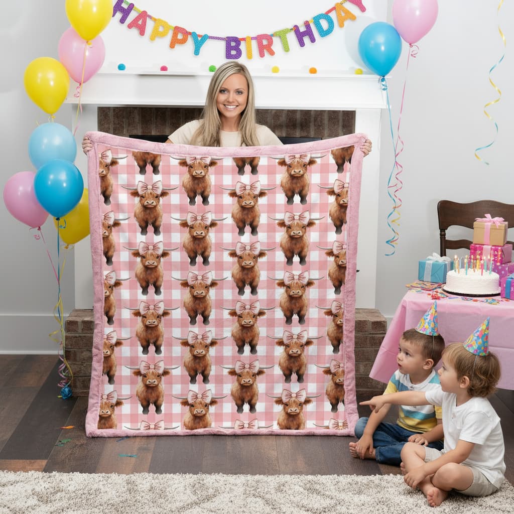 Woman holding a pink blanket with cow pattern in a birthday party setting