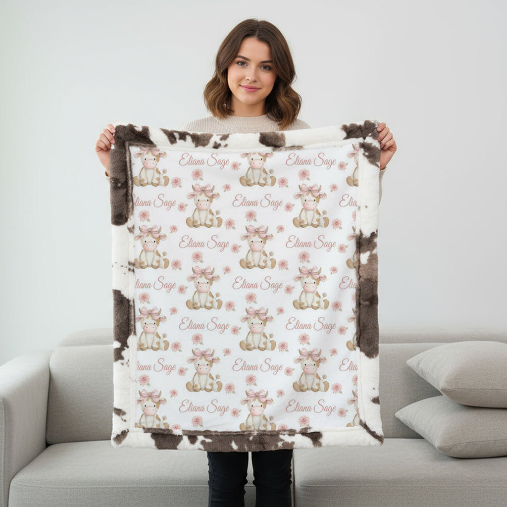 Personalized highland cow minky baby blanket with cow print fur trim