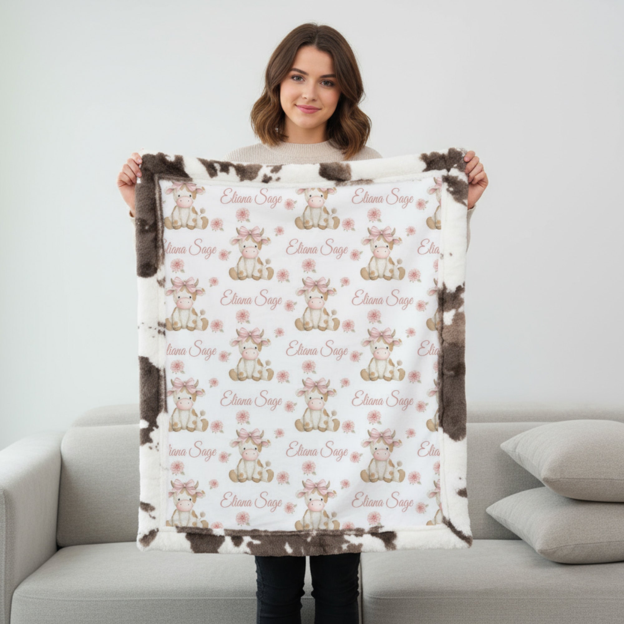 Personalized highland cow minky baby blanket with cow print fur trim