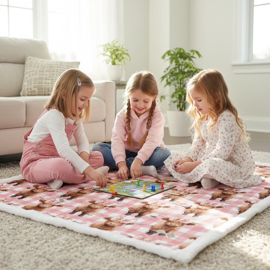 Three children playing with a board game on a pink blanket in a living room.