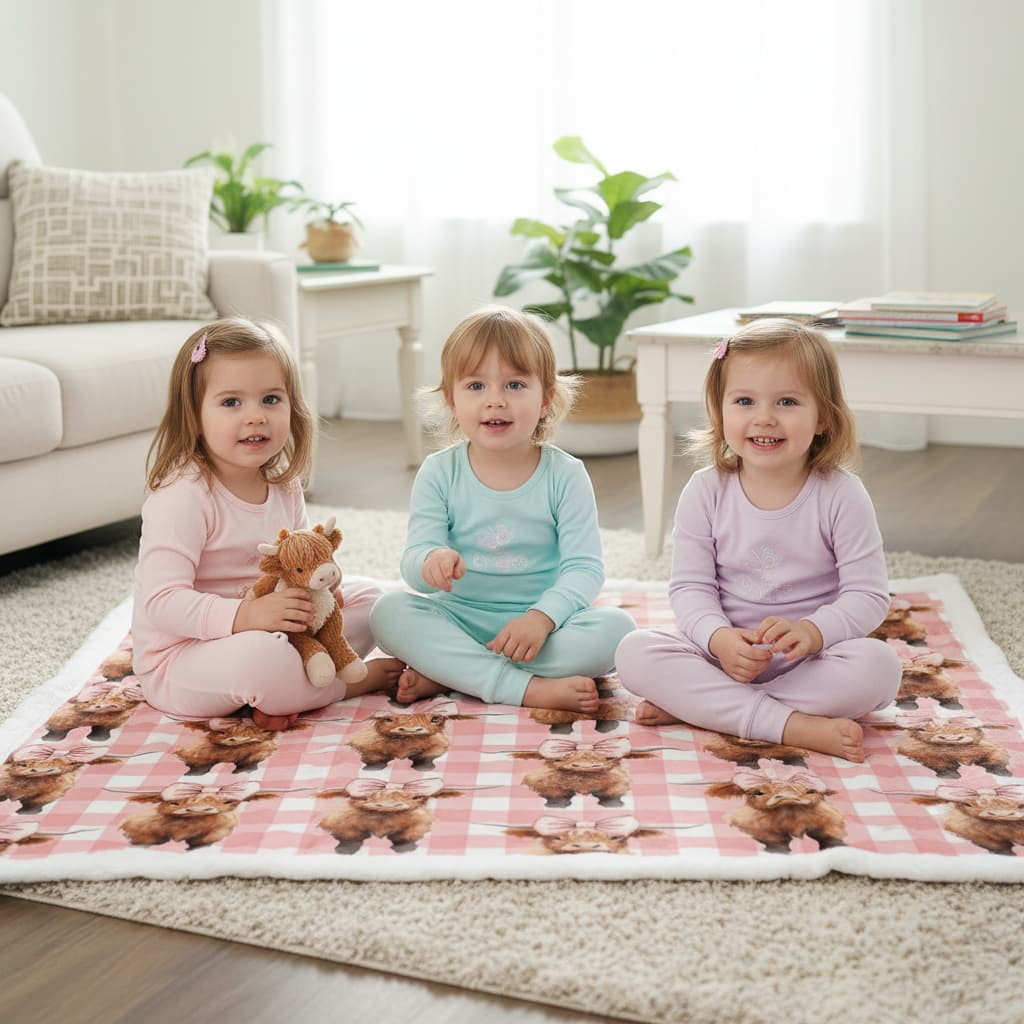 Three children sitting on a checkered blanket in a living room.