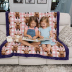 Two children sitting on a couch with a blanket featuring cow patterns, reading a book.