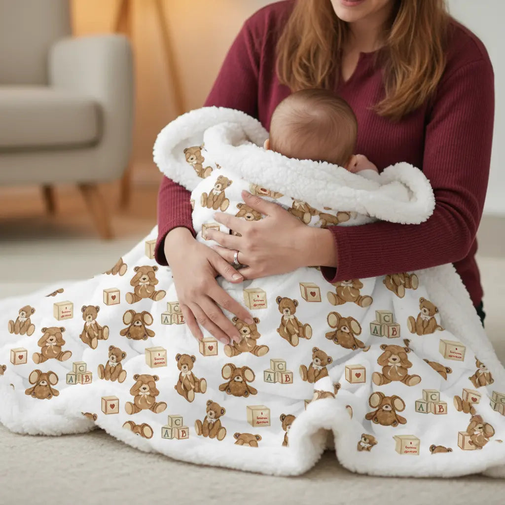 Woman holding a baby wrapped in a white blanket with brown teddy bear patterns in a cozy indoor setting.