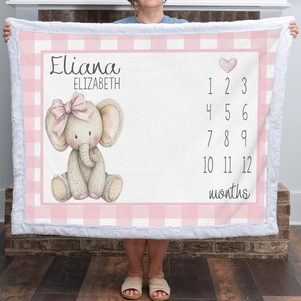 A person holds up a personalized baby blanket featuring a pink gingham border, a knitted elephant illustration with a pink bow, the names 'Eliana' and 'Elizabeth', and a pink numbered months calendar from 1 to 12.