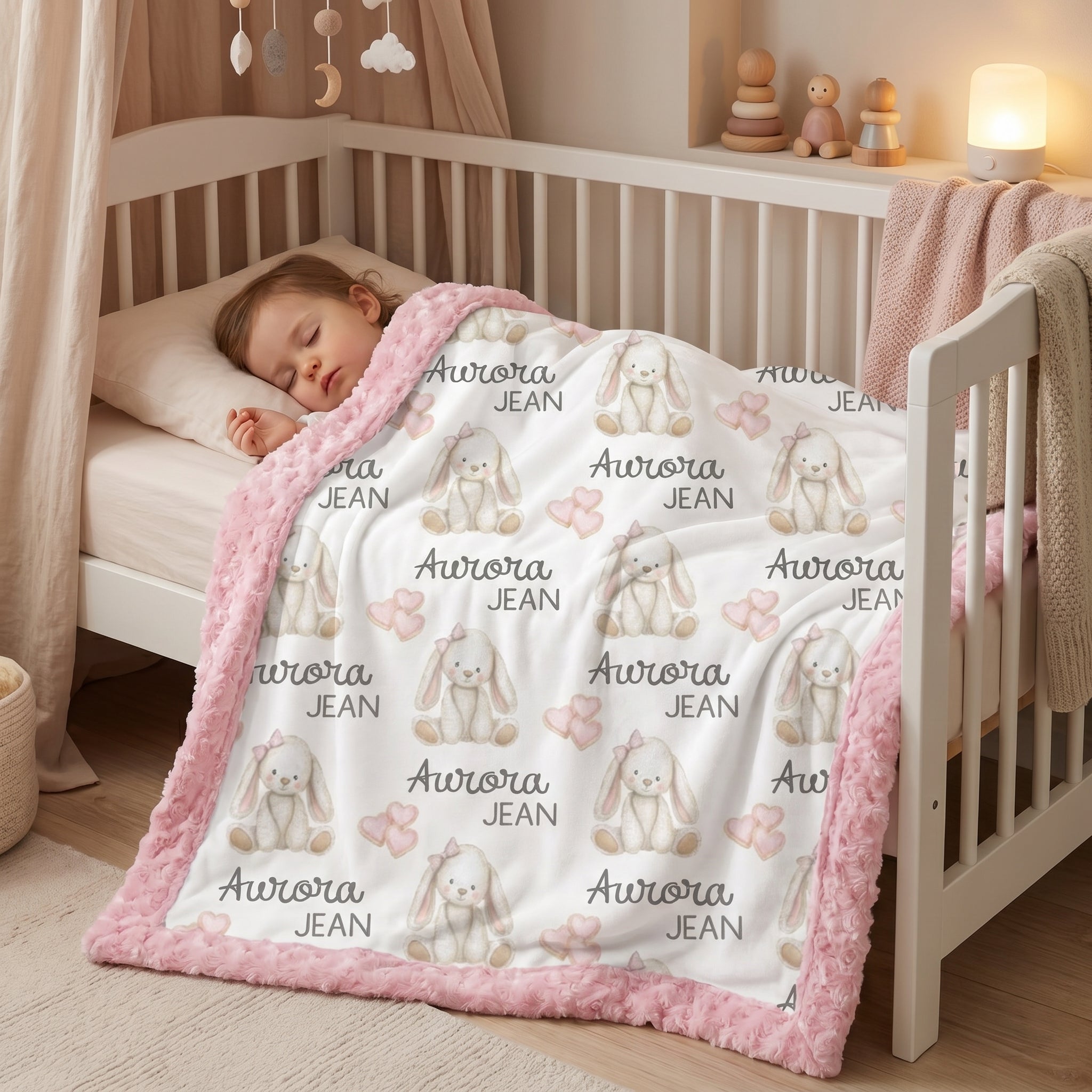 A baby sleeping in a white wooden crib, covered with a white blanket featuring a repeating pattern of gray bunny illustrations, the text 'Aurora JEAN', and a soft pink fuzzy border.