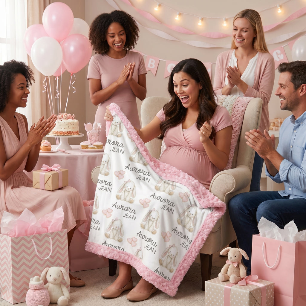 A pregnant woman in a pink dress holds up a personalized baby blanket with a pink fuzzy border. The blanket features a white background with a repeating pattern of cartoon bunnies and the text 'Aurora Jean'.