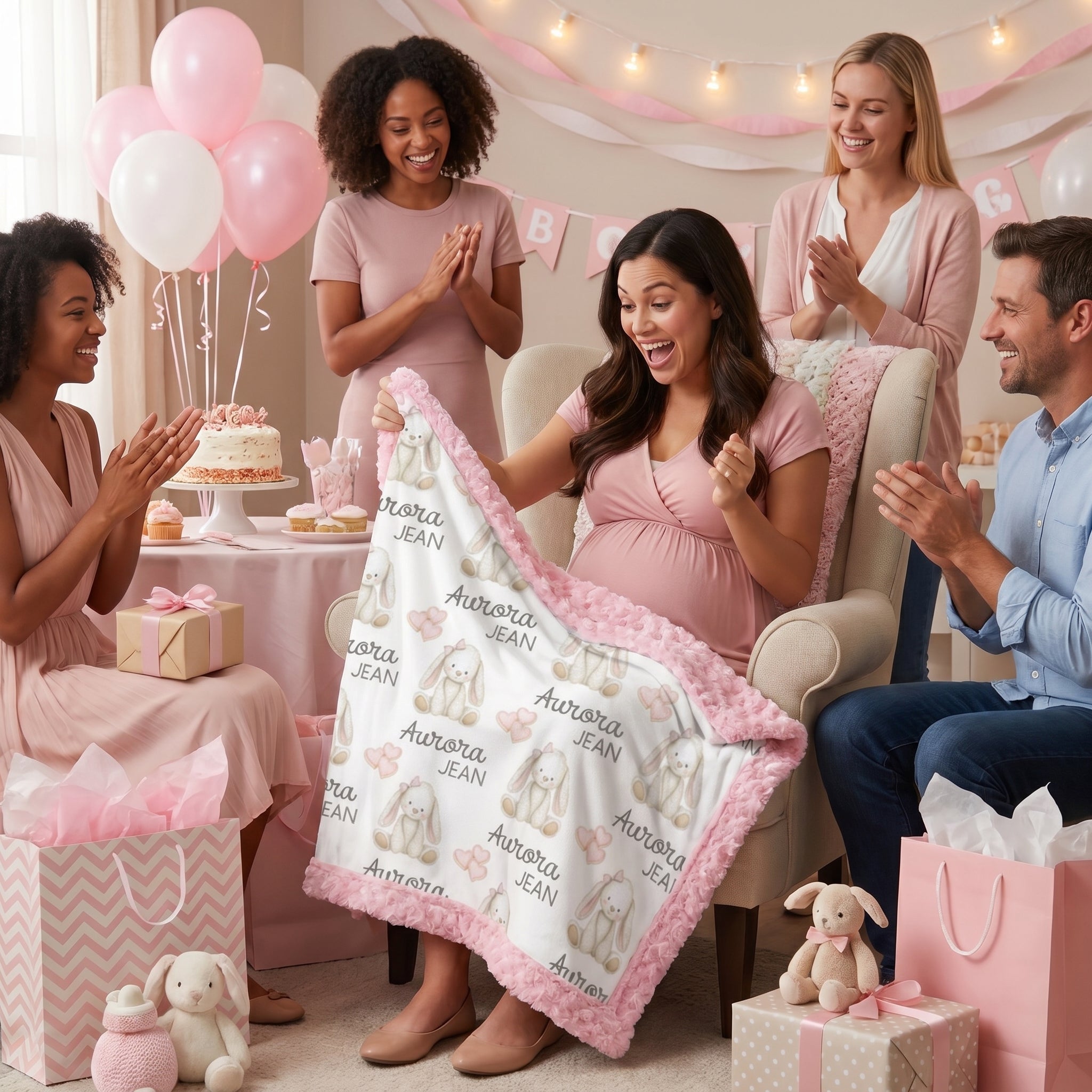A pregnant woman in a pink dress holds up a personalized baby blanket with a pink fuzzy border. The blanket features a white background with a repeating pattern of cartoon bunnies and the text 'Aurora Jean'.