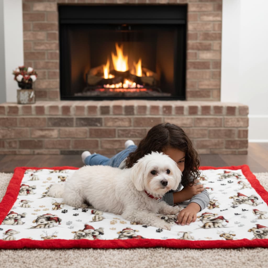 Child and white dog lying on a patterned rug in front of a fireplace
