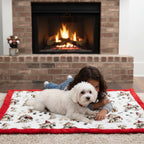Child and white dog lying on a patterned rug in front of a fireplace