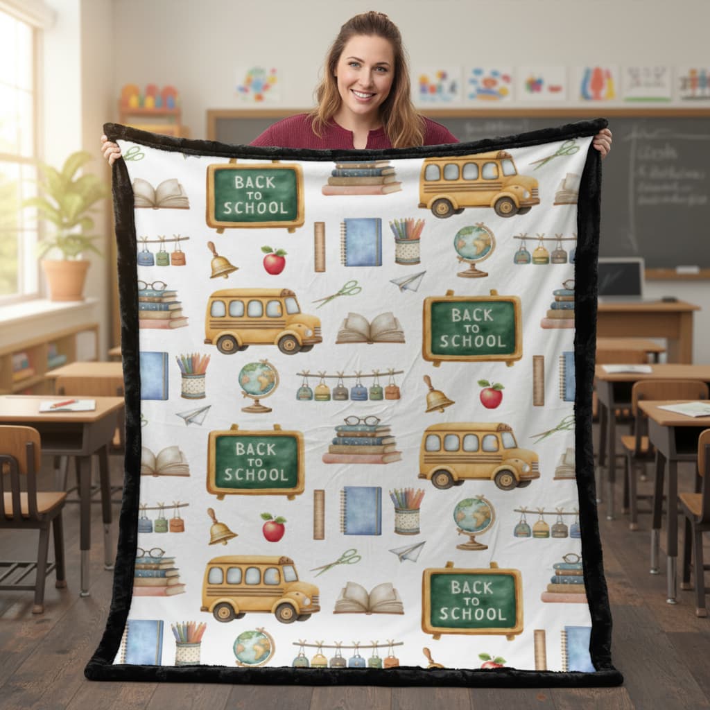 Person holding a 'Back to School' themed blanket in a classroom setting