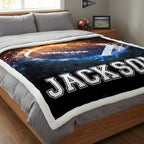 Bedding set with 'JACKSON' print in a bedroom setting