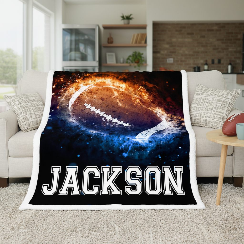 Blanket with 'JACKSON' printed on it draped over a couch in a living room.