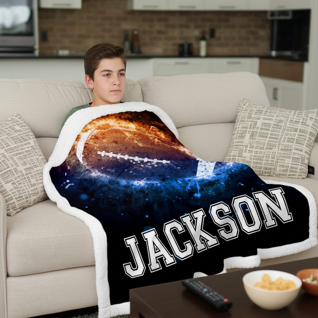 Person sitting on a couch with a personalized blanket featuring a football design and the name 'Jackson'.