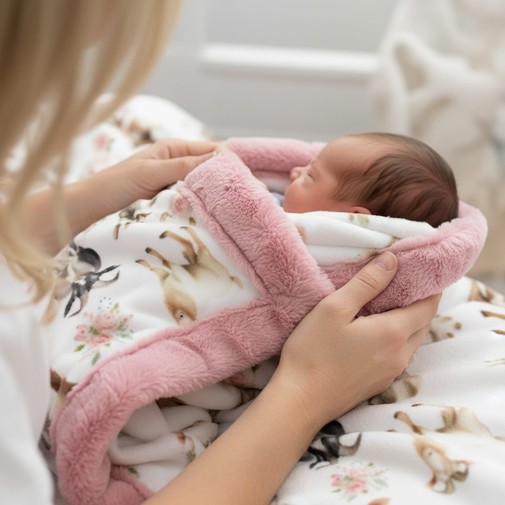 Person holding a baby wrapped in a pink blanket with a floral pattern
