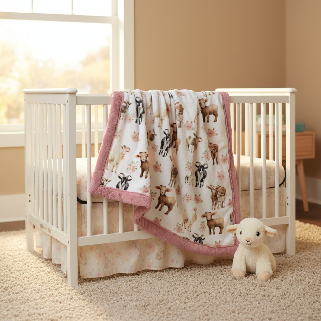 White crib with animal-patterned blanket and plush toy in a nursery setting