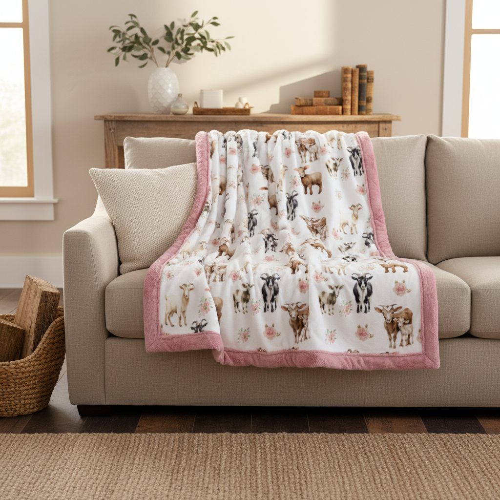 Goat and floral minky throw blanket with pink backing draped over living room couch