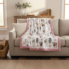 Goat and floral minky throw blanket with pink backing draped over living room couch