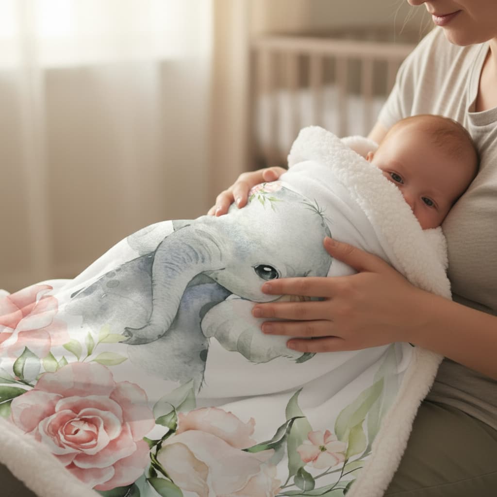 Woman holding a baby wrapped in a floral blanket with an elephant design.