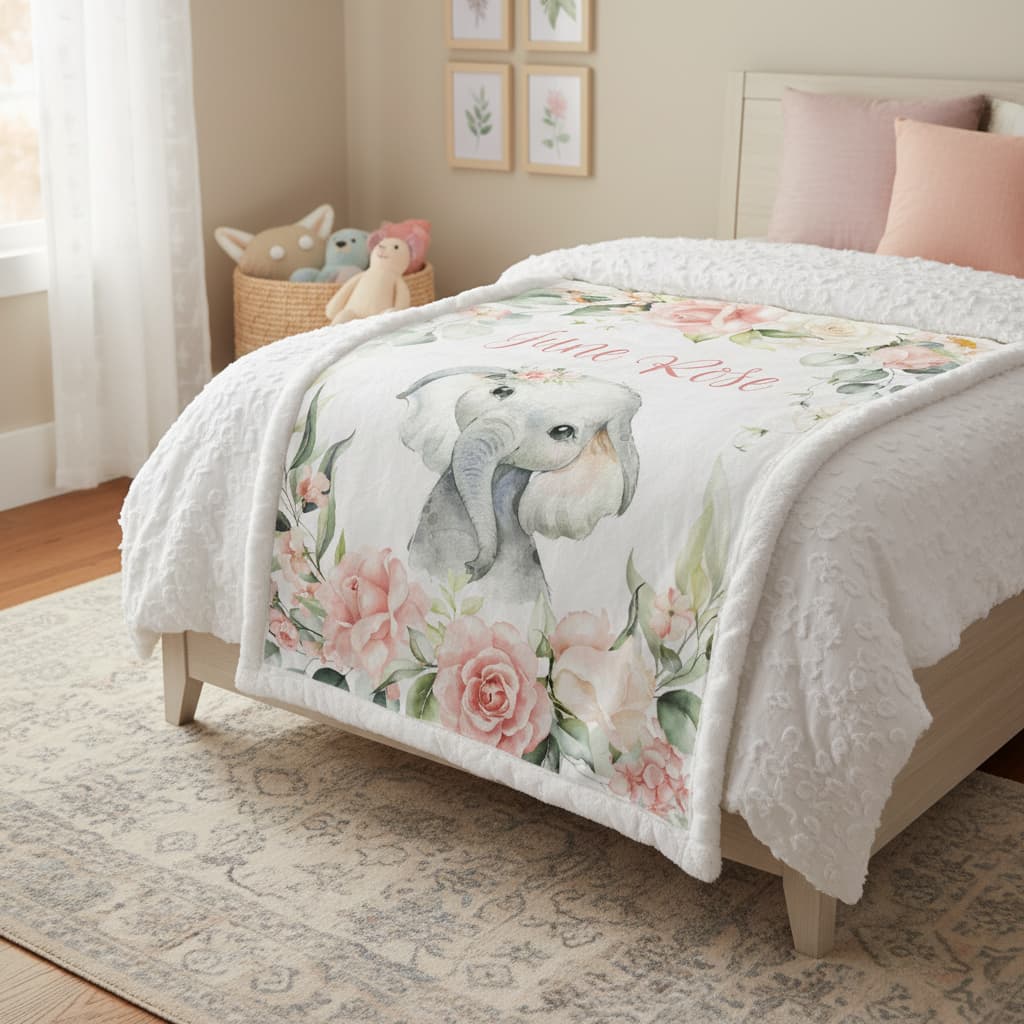 Floral and dog-themed comforter on a bed in a bedroom setting