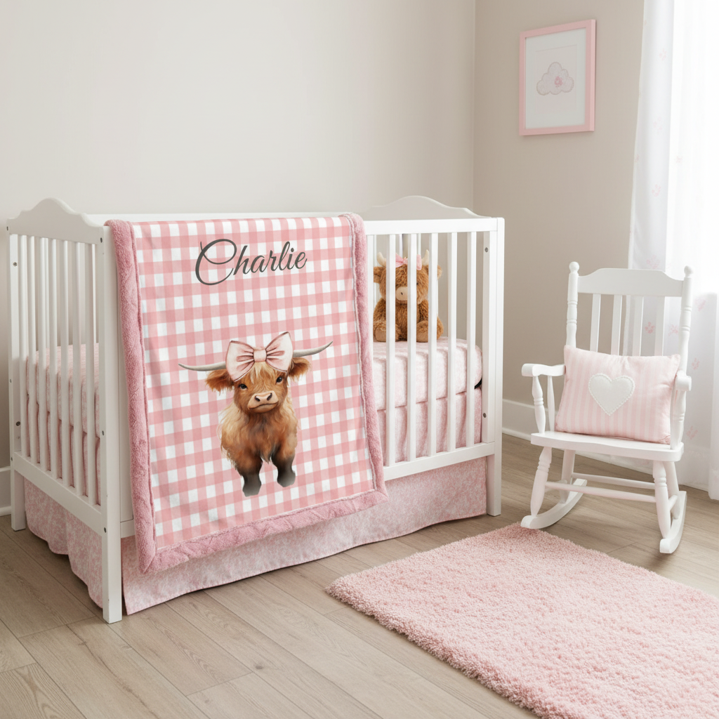 Nursery room with a crib, pink checkered blanket with a cow design, and rocking chair.