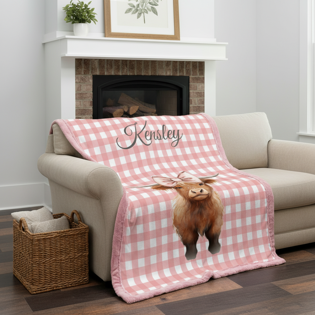 Pink checkered blanket with a cow design and 'Kensley' text on a beige couch in a living room.