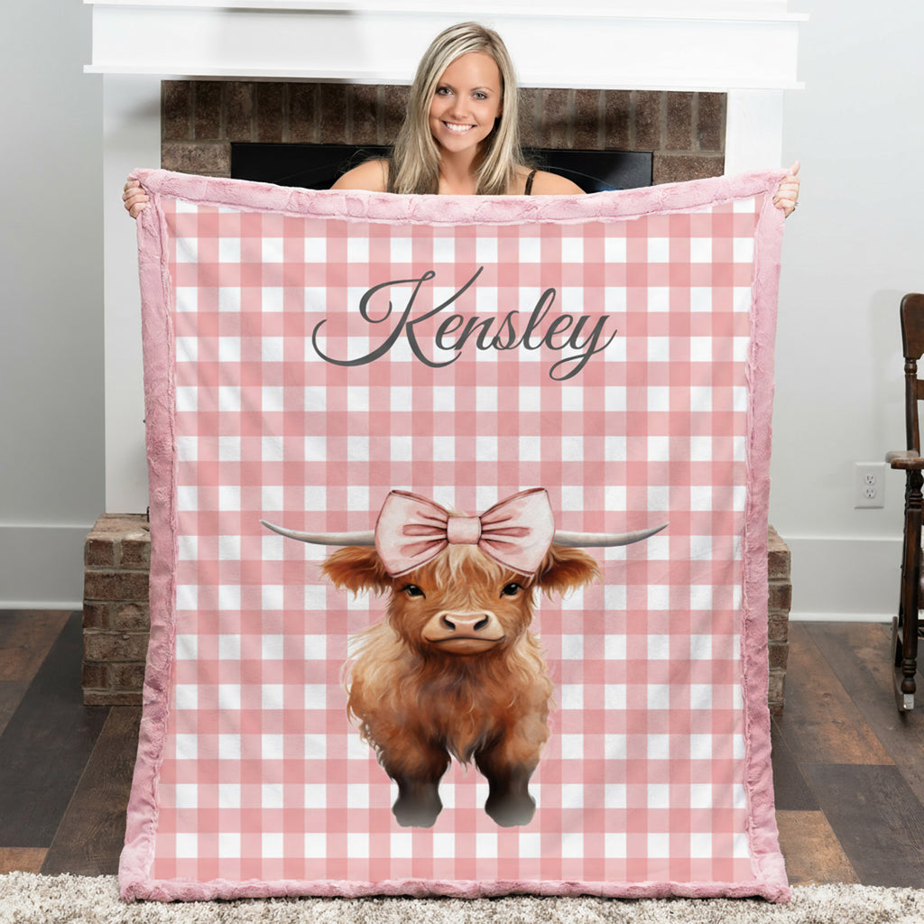 Personalized Pink Gingham Highland Cow Minky Blanket