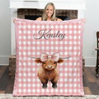 Personalized Pink Gingham Highland Cow Minky Blanket