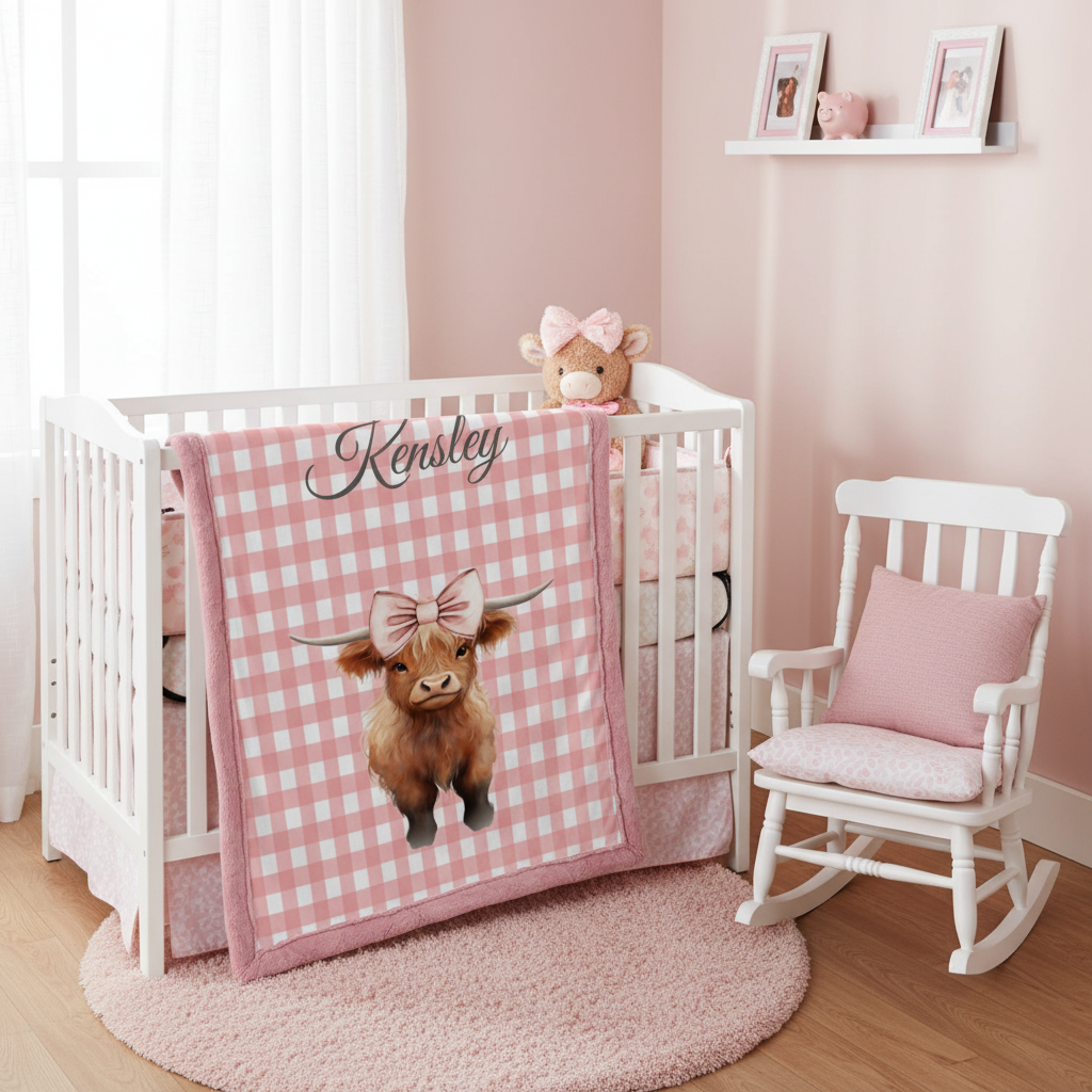 Nursery room with a white crib, pink checkered blanket with a cow design, and a rocking chair.