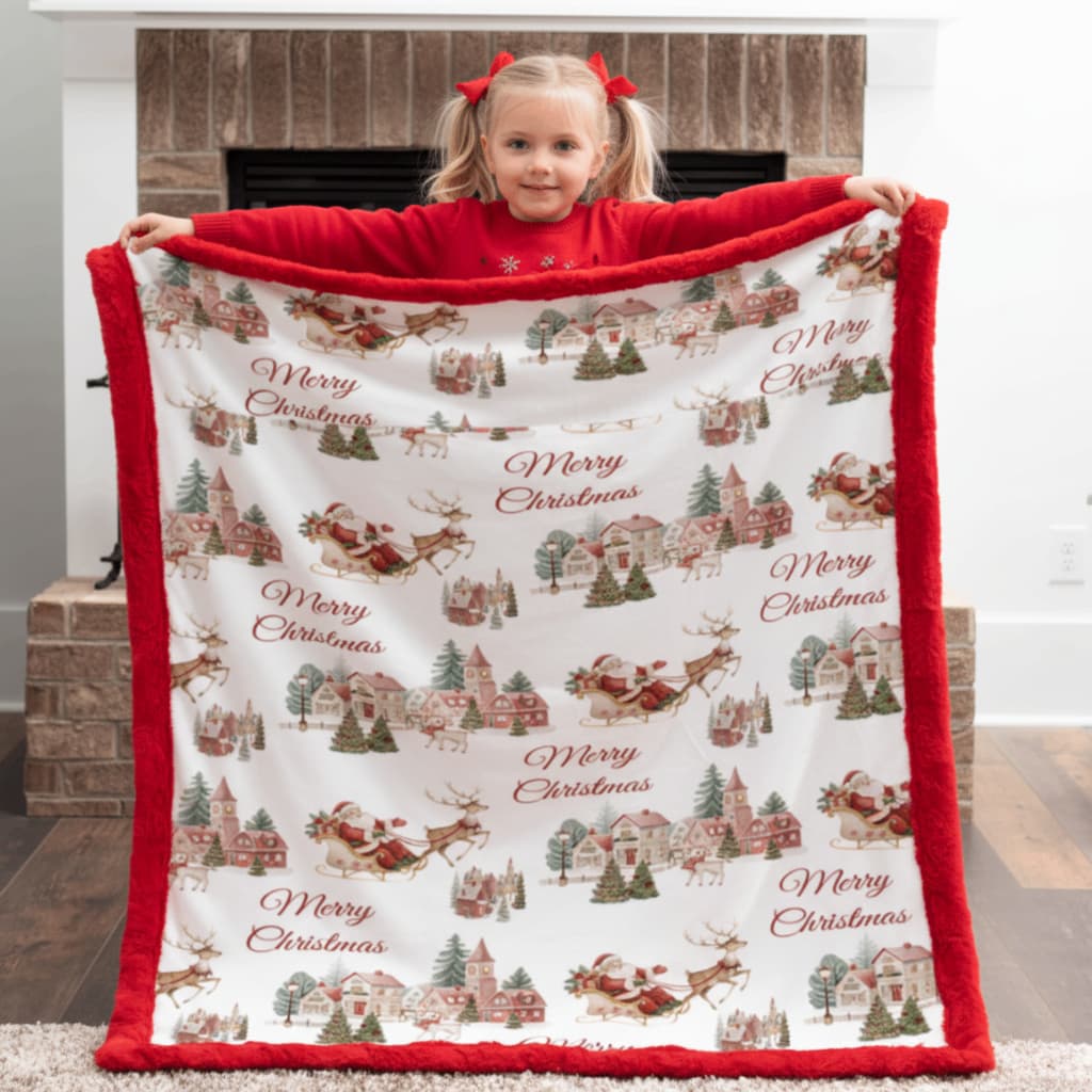 Child holding a Christmas-themed blanket with red border