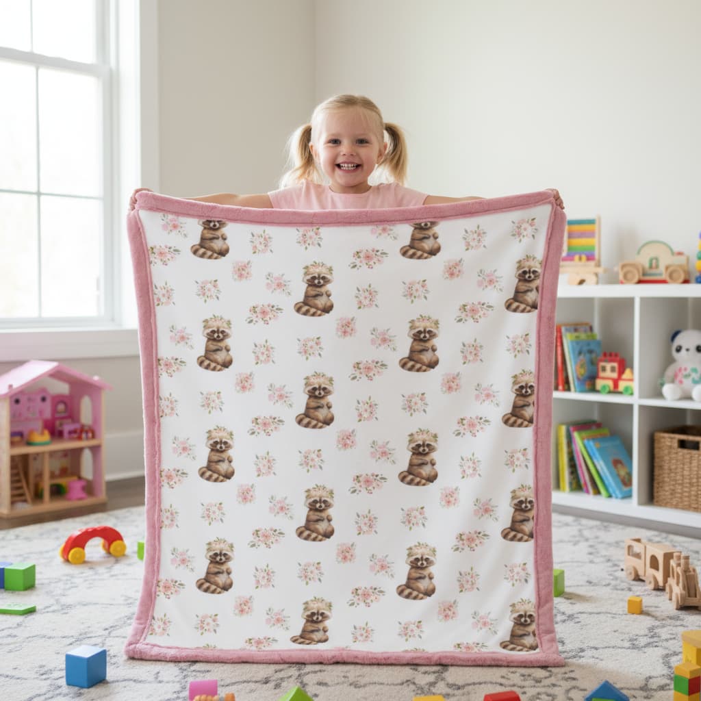 Child holding a patterned blanket in a room with toys and books