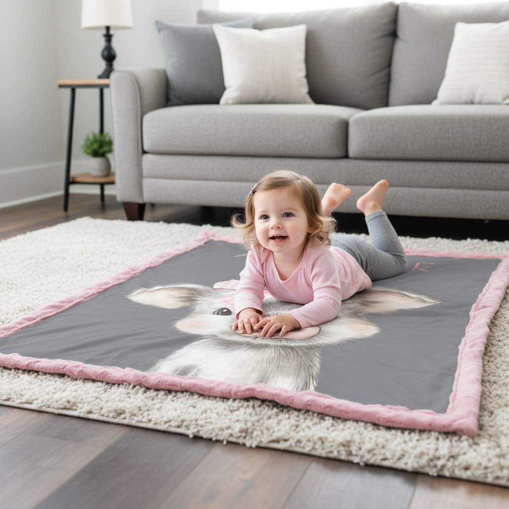 Child playing on a large blanket with a pig design in a living room.