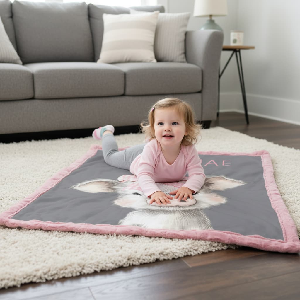 Child on a large soft mat with animal print in a living room setting