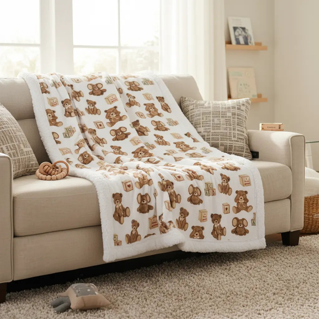 Beige sofa with a teddy bear patterned blanket in a living room setting.