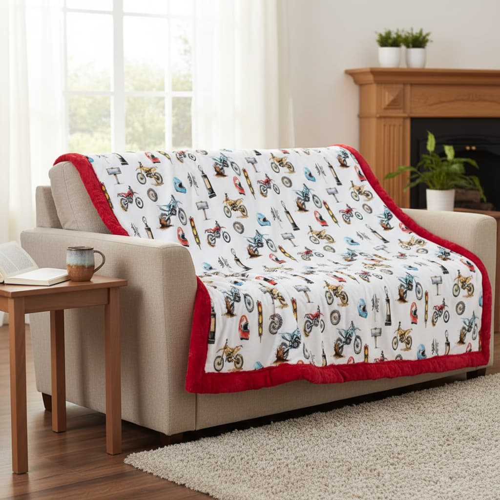 Sofa with a colorful blanket featuring motorcycle designs in a living room setting.