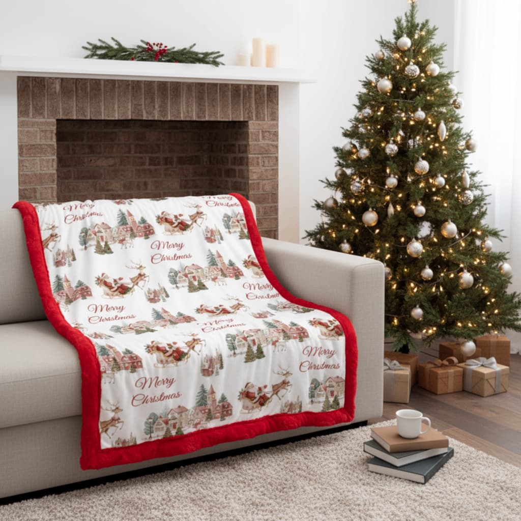 Christmas-themed blanket on a couch with a decorated tree in the background