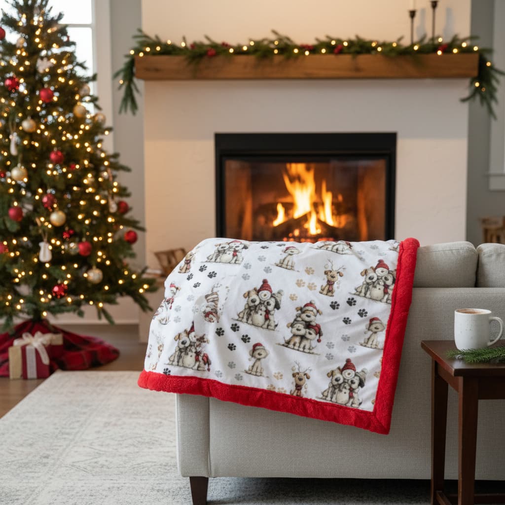 Cozy living room with a Christmas tree, fireplace, and a decorative blanket on a sofa.