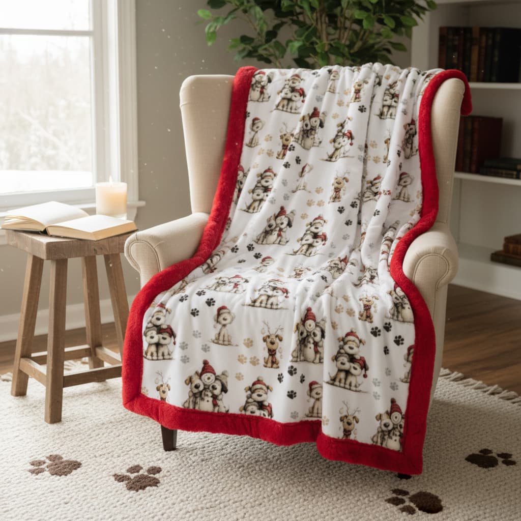 Chair with a blanket featuring dog patterns in a cozy room.