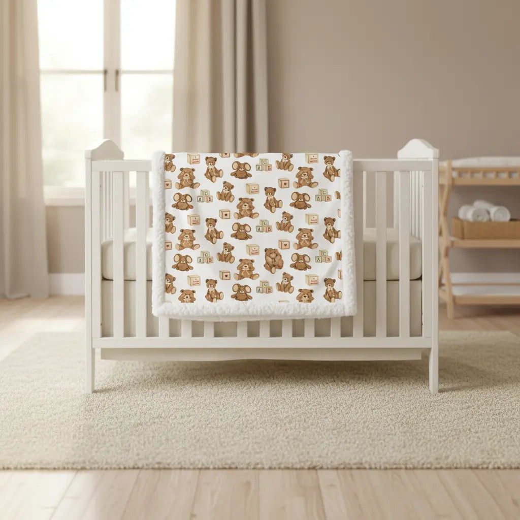 White crib with a white blanket featuring brown teddy bears in a nursery setting.