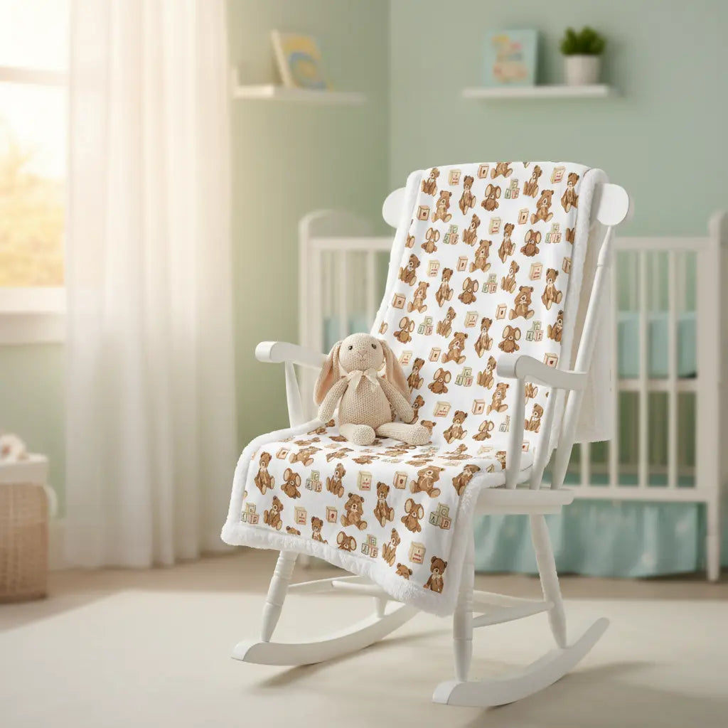 White rocking chair with a patterned blanket and plush toy in a nursery setting