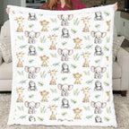 Person holding a blanket with animal pattern in a living room