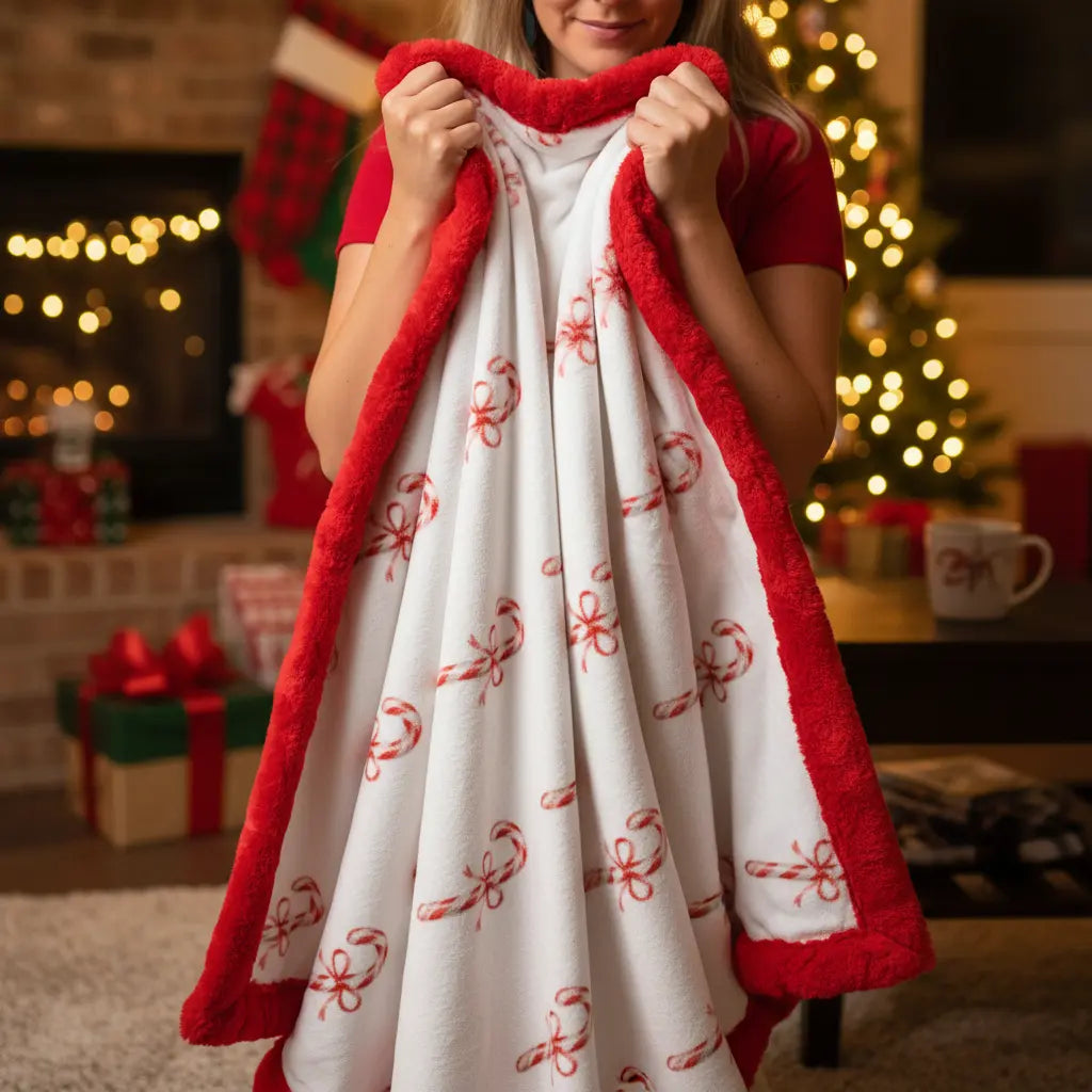 Person holding a red and white patterned blanket in a festive indoor setting with Christmas decorations.