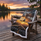 Personalized airplane photo blanket with white faux fur border, draped over chair on lake dock