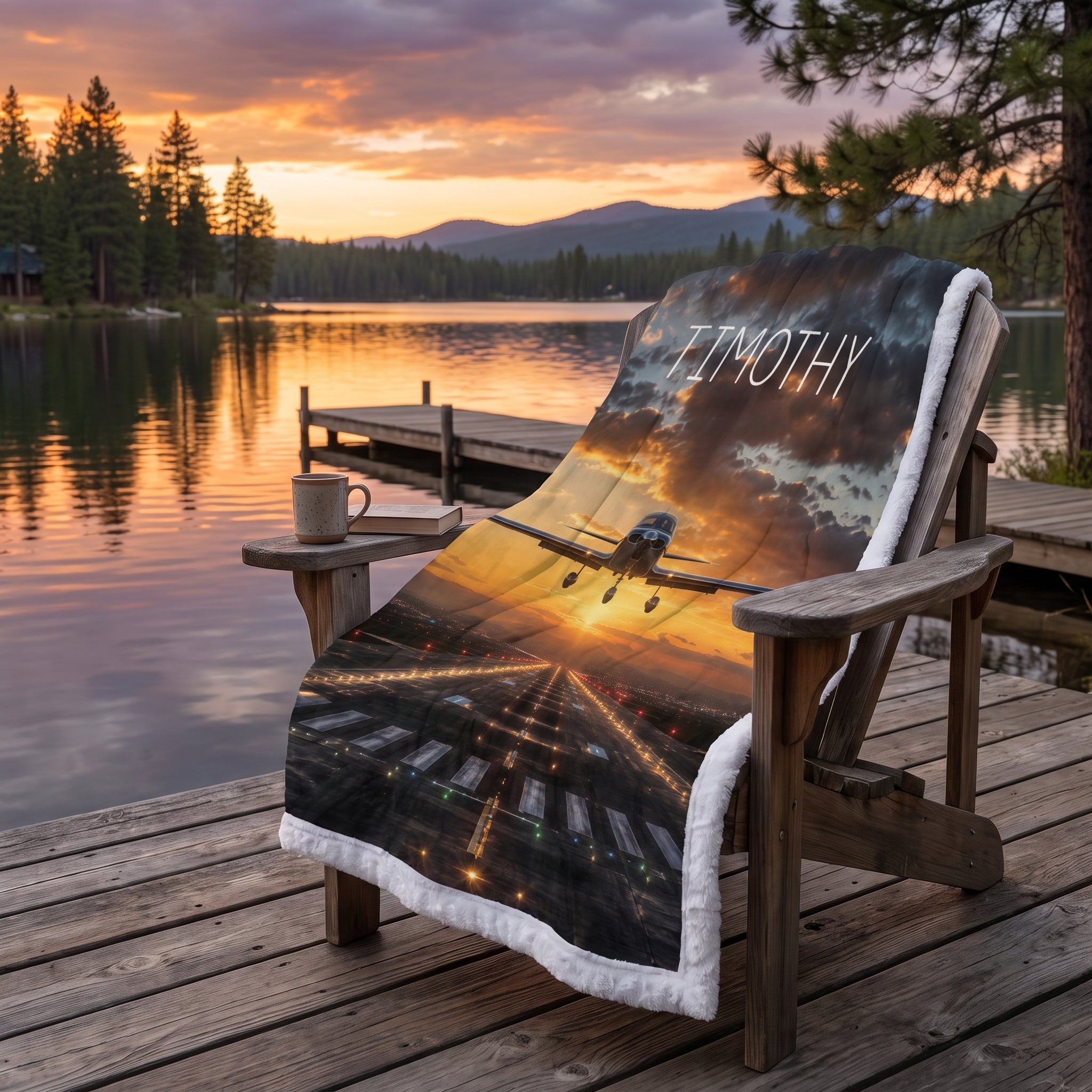 Personalized airplane photo blanket with white faux fur border, draped over chair on lake dock
