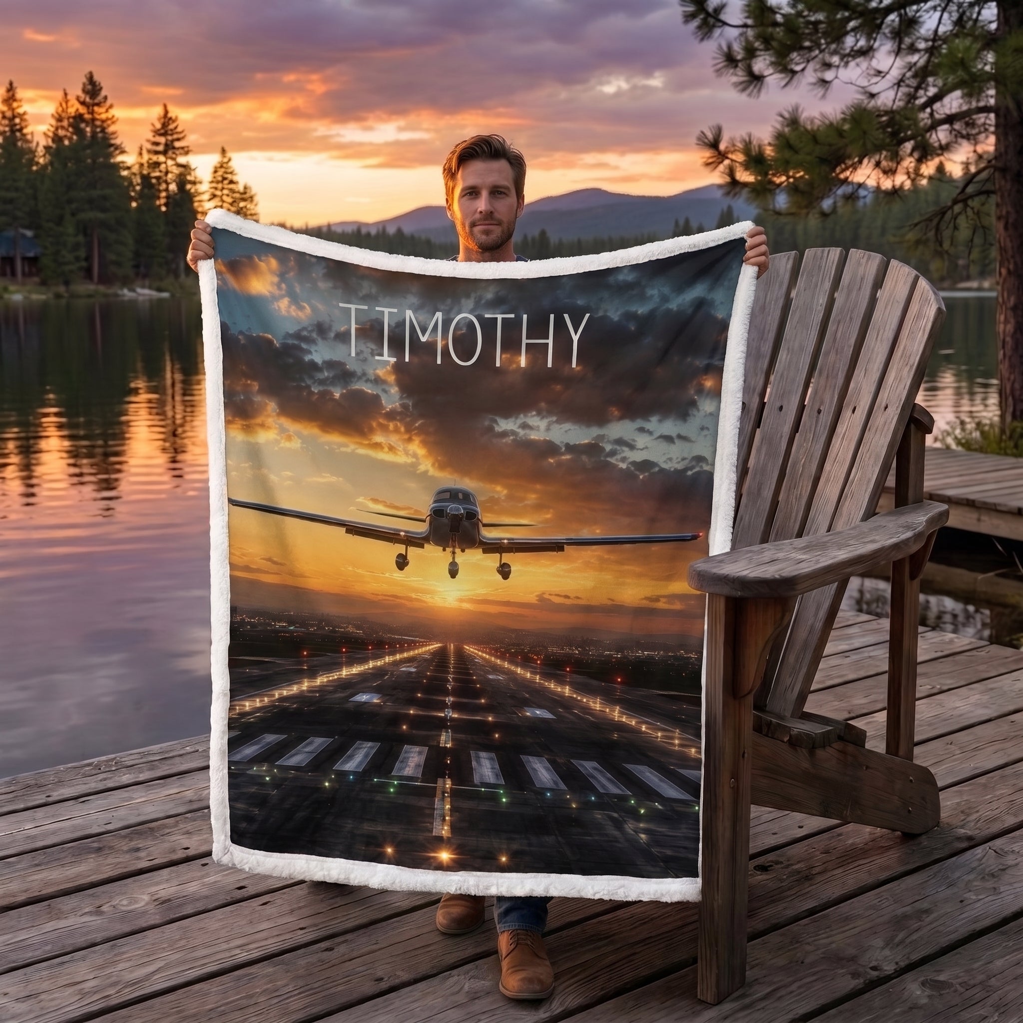 Personalized airplane photo blanket with white faux fur border, held by man on lake dock at sunset