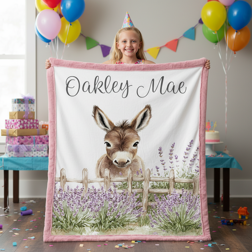 Girl holding personalized baby donkey minky blanket with pink trim at birthday party
