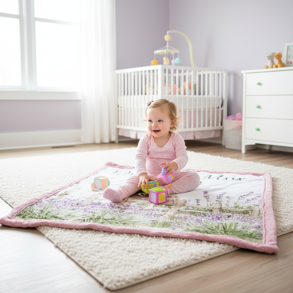 Baby sitting on personalized baby donkey minky blanket with pink trim in lavender nursery