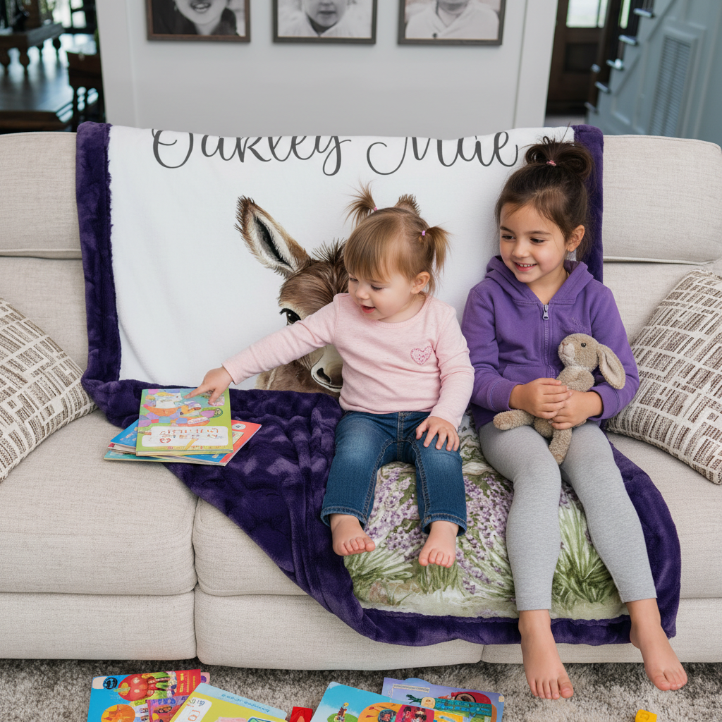 Two girls sitting on personalized baby donkey minky blanket with purple trim on couch