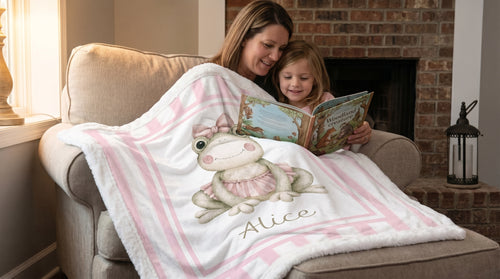 Mother and daughter reading together with personalized minky ballerina frog baby blanket